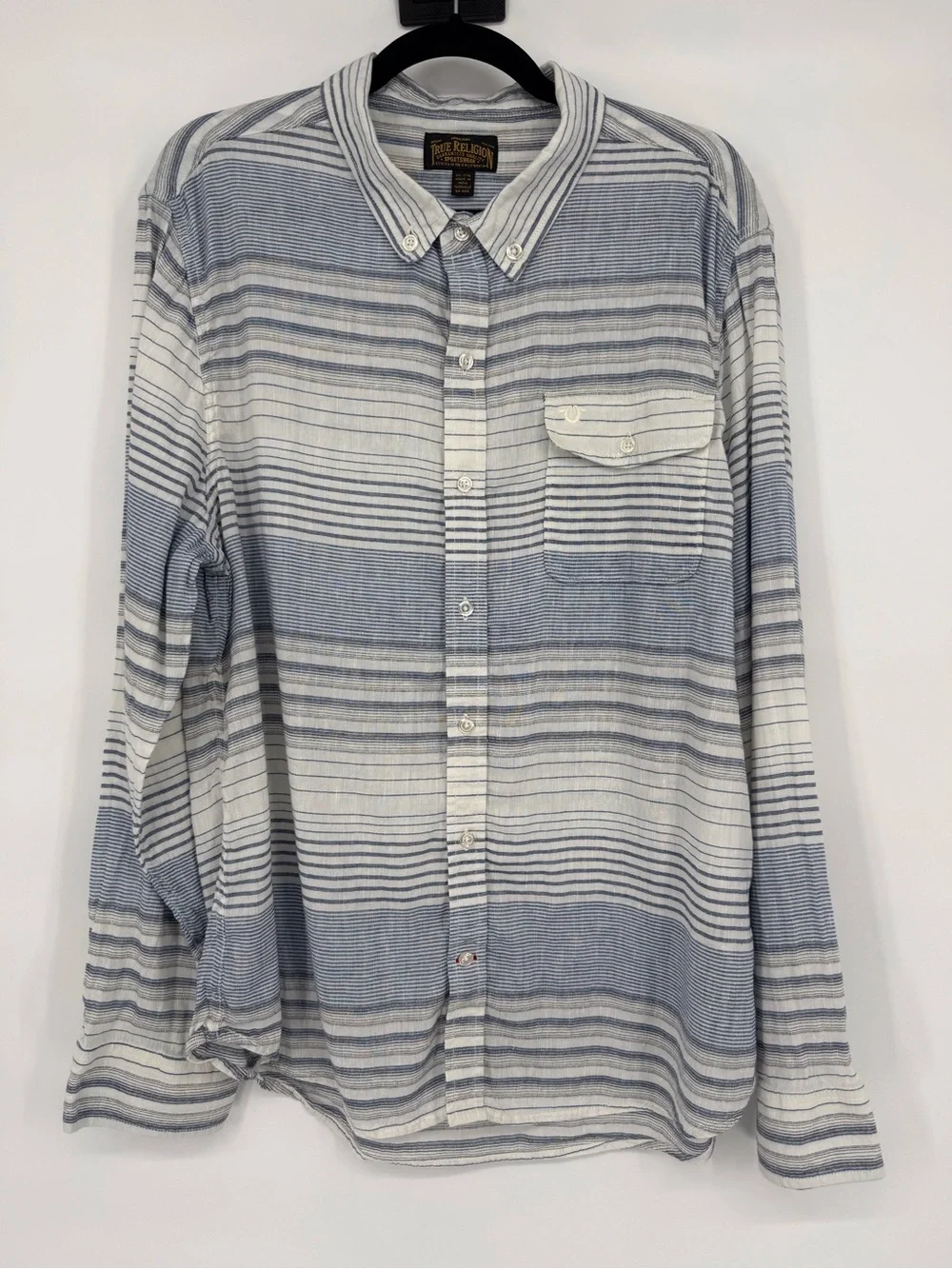 True‎ Religion Linen Cotton Striped Button Up Shirt XXL Coastal Beach Nautical